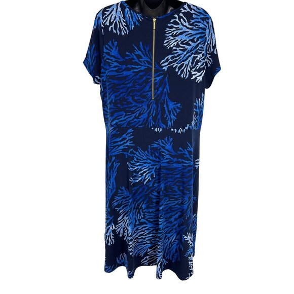 Michael Kors Womens Plus 1X Blue Navy Coral Shell Short Sleeve Scoop Dress New - Picture 5 of 10